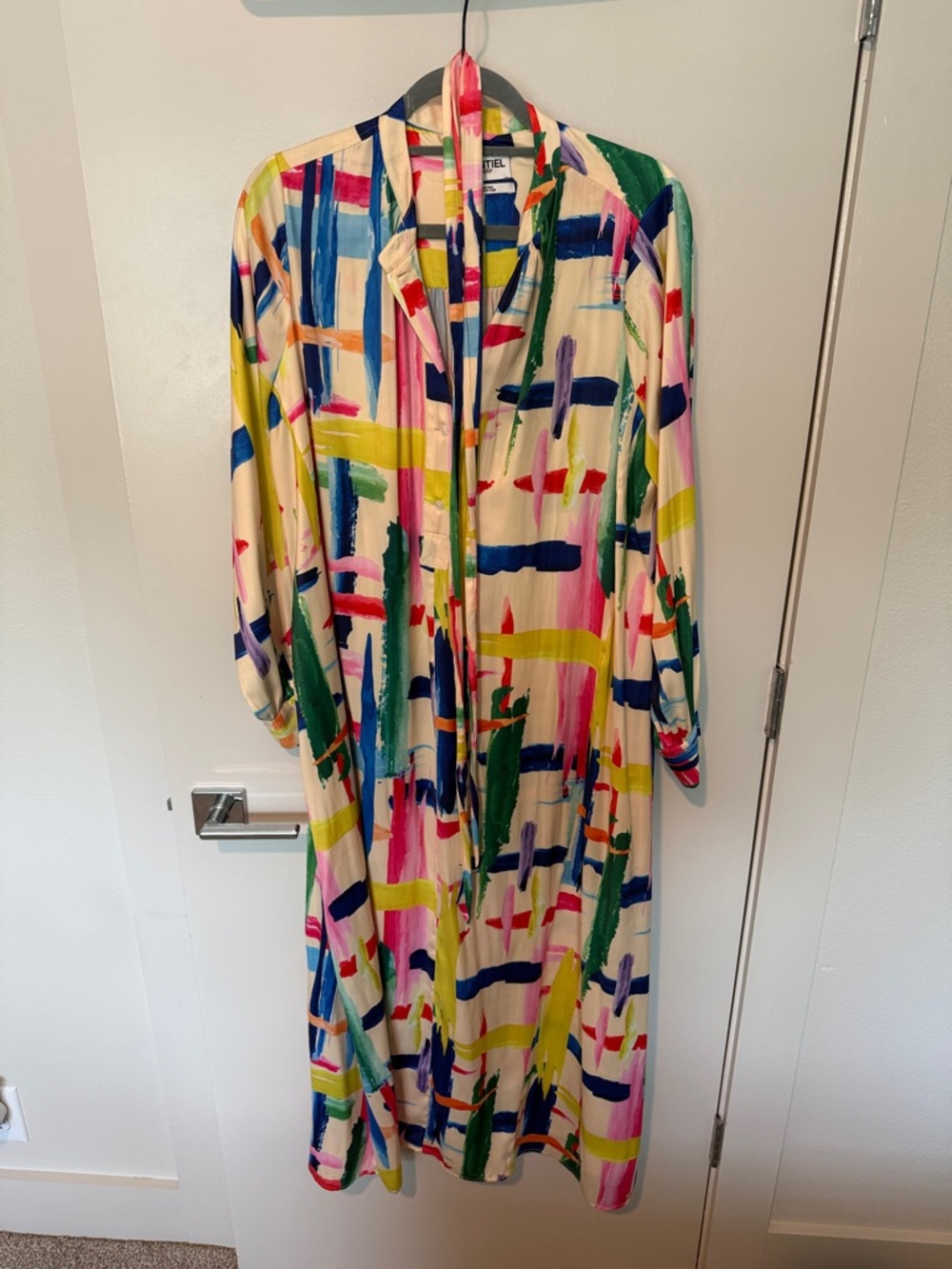 Maxi Shirt Dress with Multicolor Brushstroke Print - Cream Base